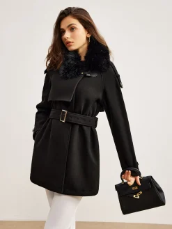 Adjustable Fur-Collar Belted Trench Coat