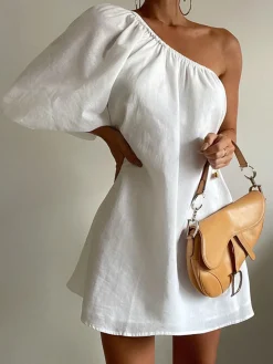 Aegean Cotton Linen One Sleeve Short Dress