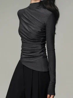 Asymmetric Collar Draped Long Sleeve Shirt