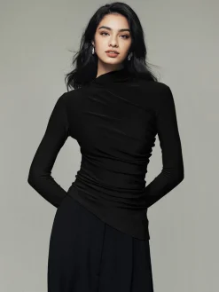 Asymmetric Collar Draped Long Sleeve Shirt