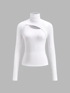 Asymmetric Cut Out Turtleneck Long Sleeve Slinky Top