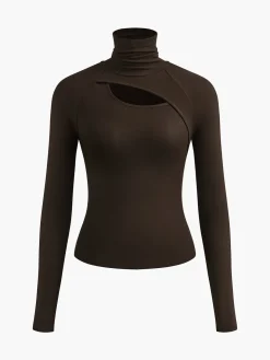 Asymmetric Cut Out Turtleneck Long Sleeve Slinky Top