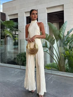 Asymmetric Halter Crop Top With Wide Leg Pants Set