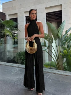 Asymmetric Halter Crop Top With Wide Leg Pants Set