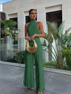 Asymmetric Halter Crop Top With Wide Leg Pants Set