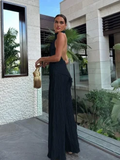 Asymmetric Halter Crop Top With Wide Leg Pants Set