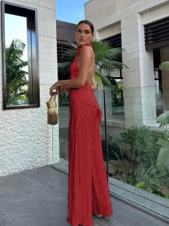 Asymmetric Halter Crop Top With Wide Leg Pants Set