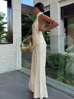 Asymmetric Halter Crop Top With Wide Leg Pants Set