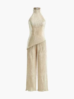 Asymmetric Halter Crop Top With Wide Leg Pants Set