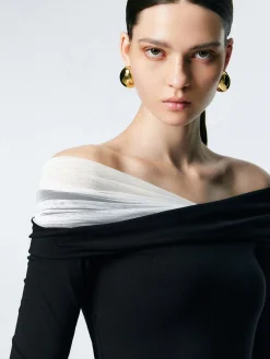 Asymmetric Off Shoulder Long Sleeve Mesh Top