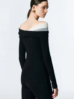Asymmetric Off Shoulder Long Sleeve Mesh Top