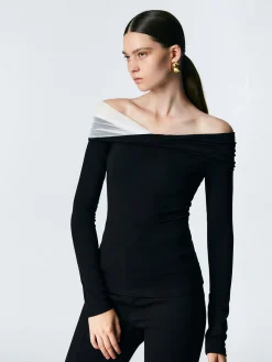 Asymmetric Off Shoulder Long Sleeve Mesh Top