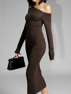 Asymmetric Off Shoulder Long Sleeve Midi Dress