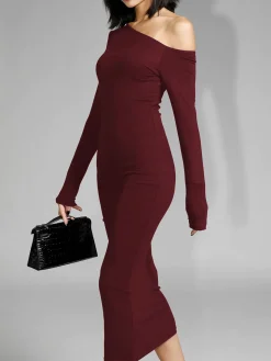 Asymmetric Off Shoulder Long Sleeve Midi Dress