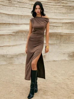 Asymmetric One-Shoulder Split Knit Long Dress