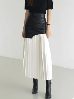 Asymmetric Patchwork Faux Leather Chiffon Pleated Midi Skirt