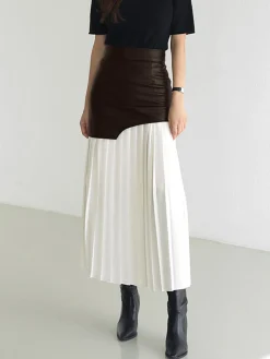Asymmetric Patchwork Faux Leather Chiffon Pleated Midi Skirt