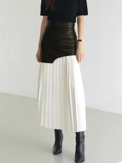 Asymmetric Patchwork Faux Leather Chiffon Pleated Midi Skirt