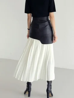 Asymmetric Patchwork Faux Leather Chiffon Pleated Midi Skirt