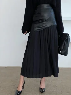Asymmetric Patchwork Faux Leather Chiffon Pleated Midi Skirt