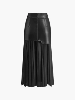 Asymmetric Patchwork Faux Leather Chiffon Pleated Midi Skirt