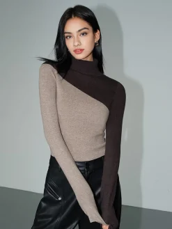 Asymmetric Patchwork Long Sleeve Mock Neck Knit Top
