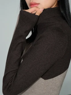 Asymmetric Patchwork Long Sleeve Mock Neck Knit Top