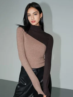 Asymmetric Patchwork Long Sleeve Mock Neck Knit Top