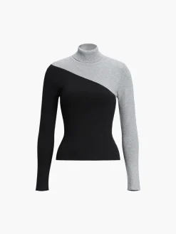 Asymmetric Patchwork Long Sleeve Mock Neck Knit Top