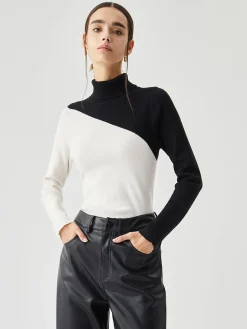Asymmetric Patchwork Long Sleeve Mock Neck Knit Top
