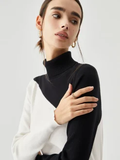 Asymmetric Patchwork Long Sleeve Mock Neck Knit Top