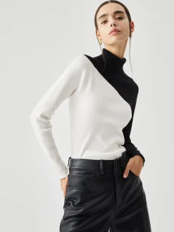 Asymmetric Patchwork Long Sleeve Mock Neck Knit Top