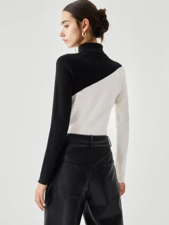 Asymmetric Patchwork Long Sleeve Mock Neck Knit Top