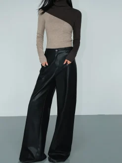 Asymmetric Patchwork Long Sleeve Mock Neck Knit Top