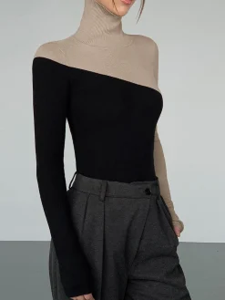 Asymmetric Patchwork Long Sleeve Mock Neck Knit Top