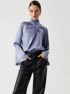 Asymmetric Pleated Turtleneck Satin Shirt