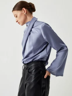 Asymmetric Pleated Turtleneck Satin Shirt