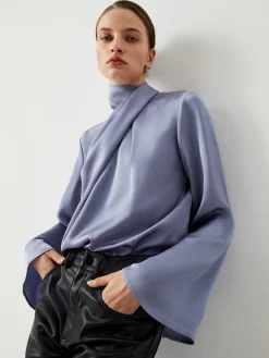Asymmetric Pleated Turtleneck Satin Shirt