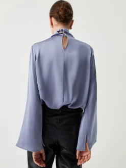 Asymmetric Pleated Turtleneck Satin Shirt