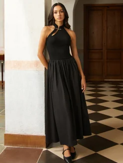 Asymmetric Pockets Cold Shoulder Pleated Long Dress