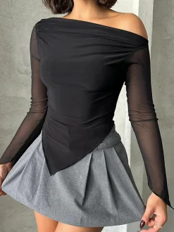 Asymmetric Ruched Semi-Sheer Blouse