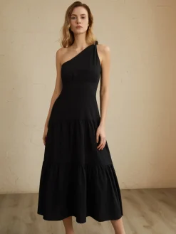 Asymmetric Shoulder Knotted Midi Dress