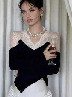 Asymmetric Skinny Lace Panel Blouse