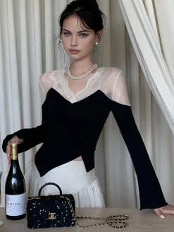 Asymmetric Skinny Lace Panel Blouse