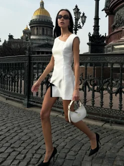 Asymmetrical Bow Decor Split Short Dress