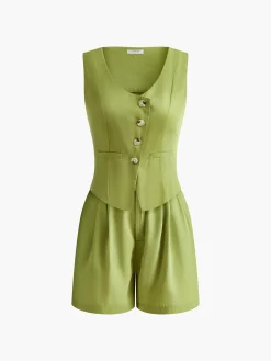Asymmetrical Button Pleated Shorts Set
