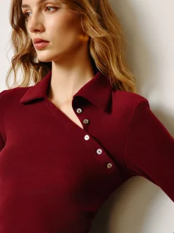 Asymmetrical Button Skinny Polo Blouse