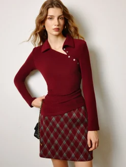 Asymmetrical Button Skinny Polo Blouse