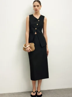 Asymmetrical Button Top  A Line Skirt set