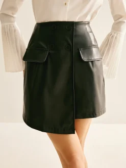 Asymmetrical Button Zipper PU Skirt